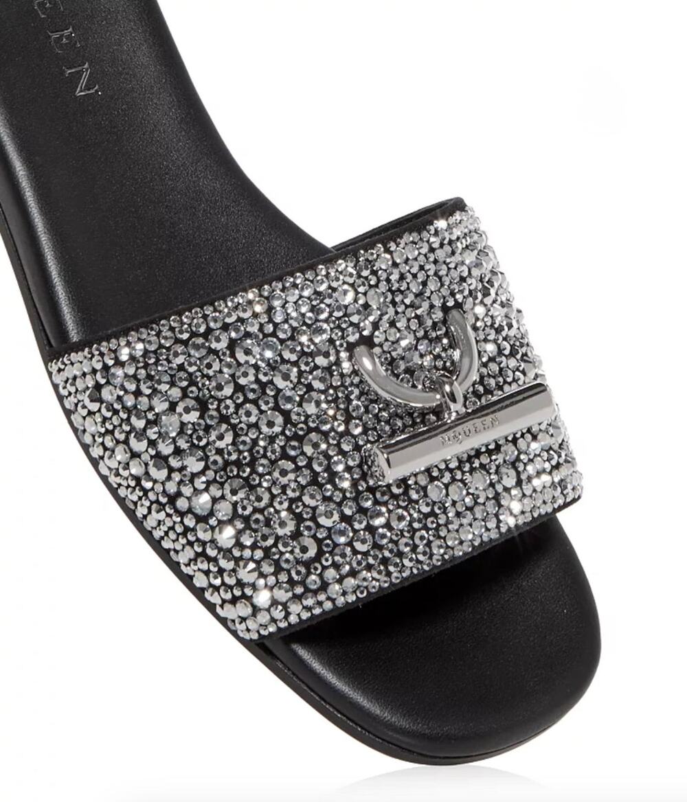 Alexander McQueen Black Crystal T-Bar Slide Sandals Size 40 - New